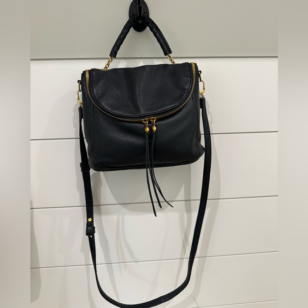 HOBO Fern top handle satchel Black Leather Crossbody Bag with Gold Accents